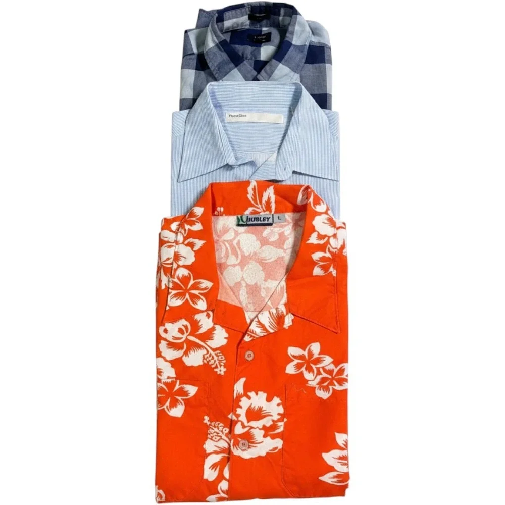 BUNDLE Men Button down Shirt sz Large J.Crew Perry Ellis Hurley Hawaian Casual